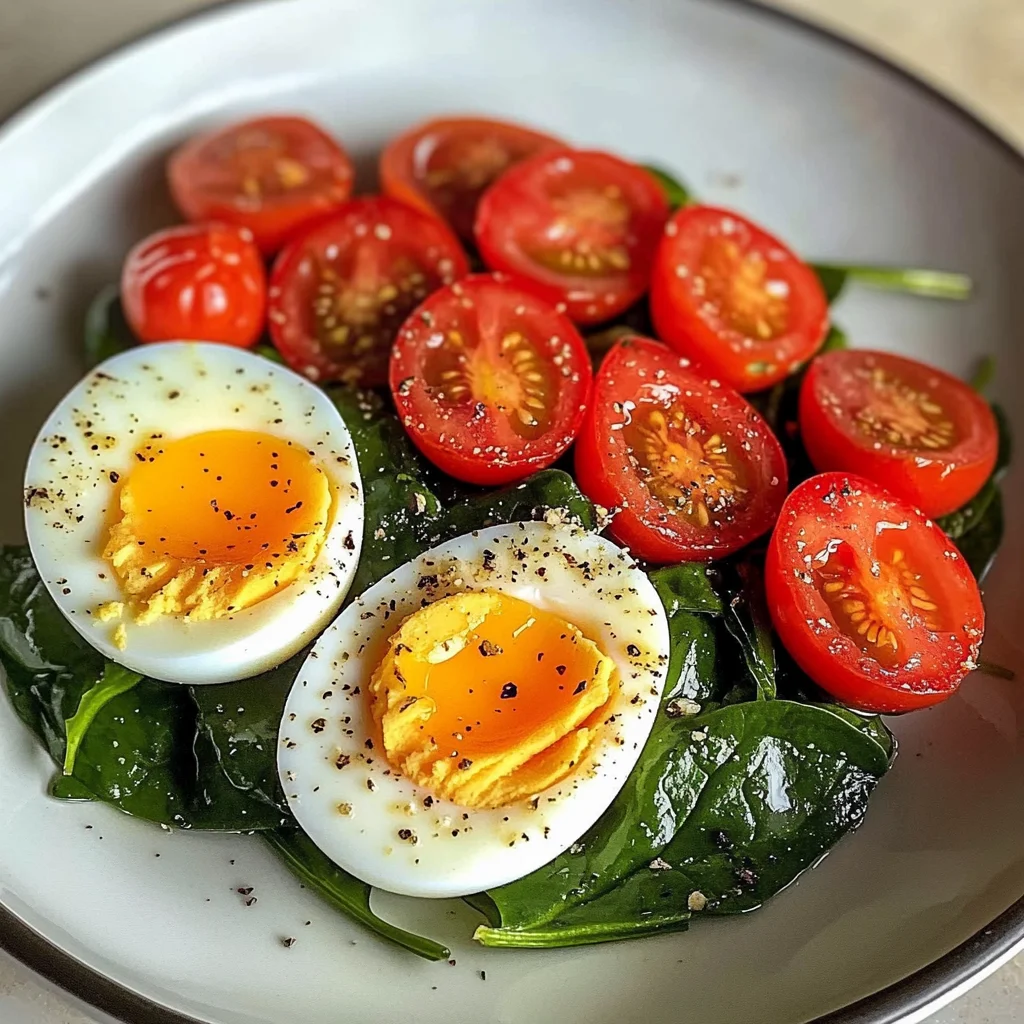 Boiled Eggs with Sautéed Cherry Tomatoes & Spinach