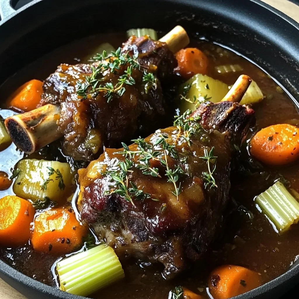 Braised Lamb Shanks with Aromatic Herb Gravy and Root Vegetables