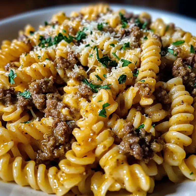 Cheesy Rotini with Garlic Butter Sauce and Ground Beef