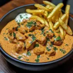 Creamy Butter Chicken with Garlic Cream Sauce and Hand-Cut Fries