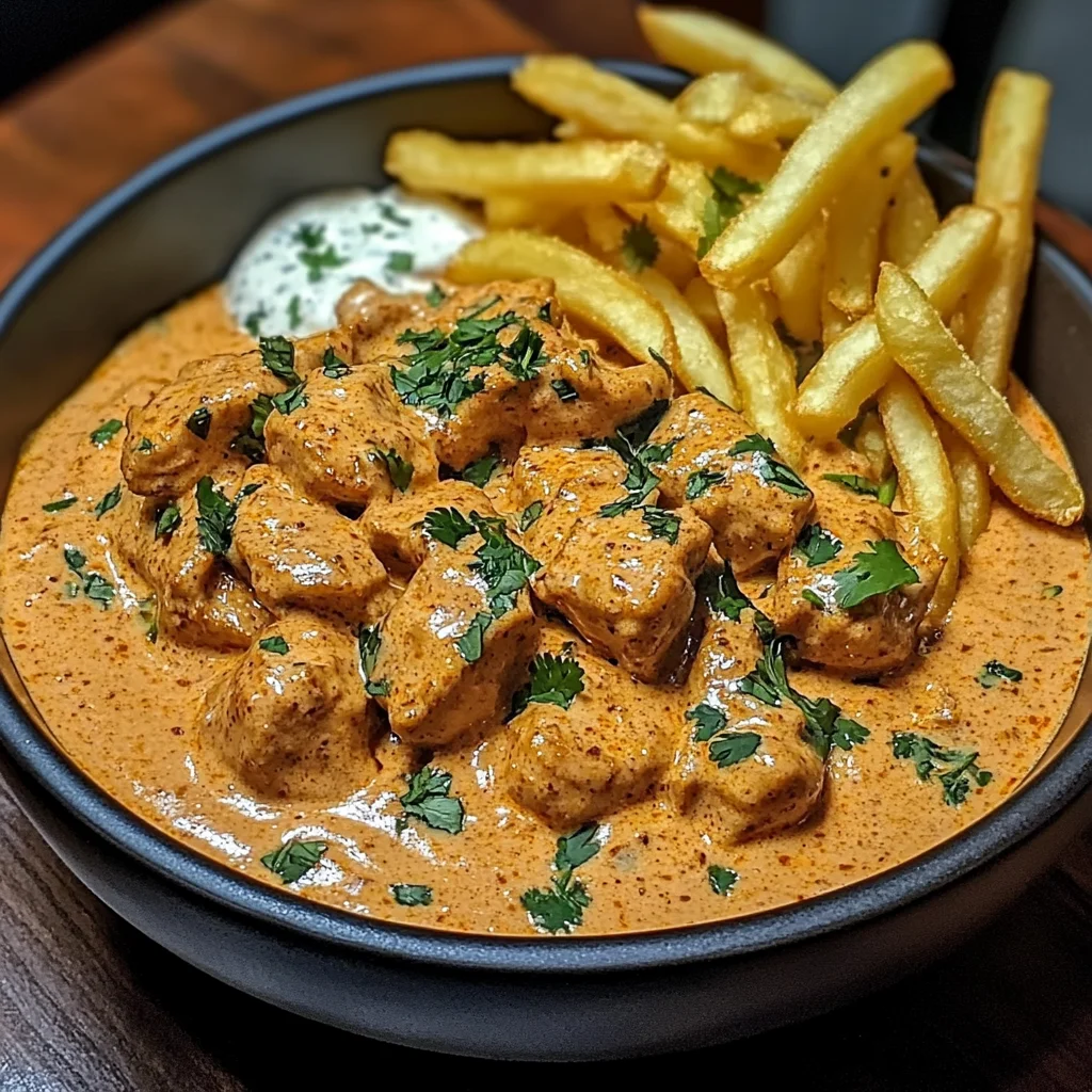 Creamy Butter Chicken with Garlic Cream Sauce and Hand-Cut Fries
