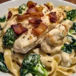 Creamy Chicken Bacon Fettuccine Alfredo with Spinach & Broccoli