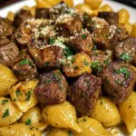 Creamy Garlic Parmesan Steak Bites with Shell Pasta