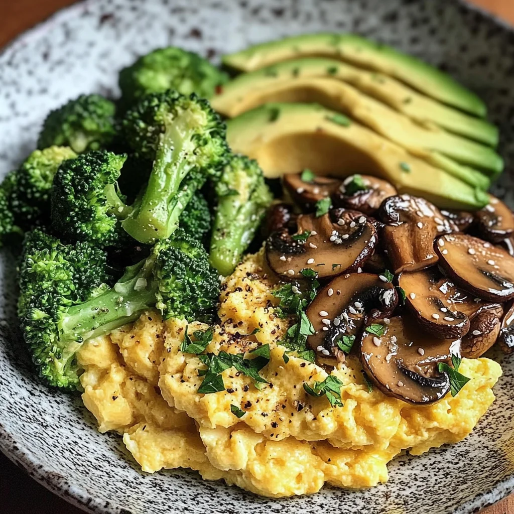 Creamy Scrambled Eggs with Avocado, Sautéed Mushrooms & Broccoli