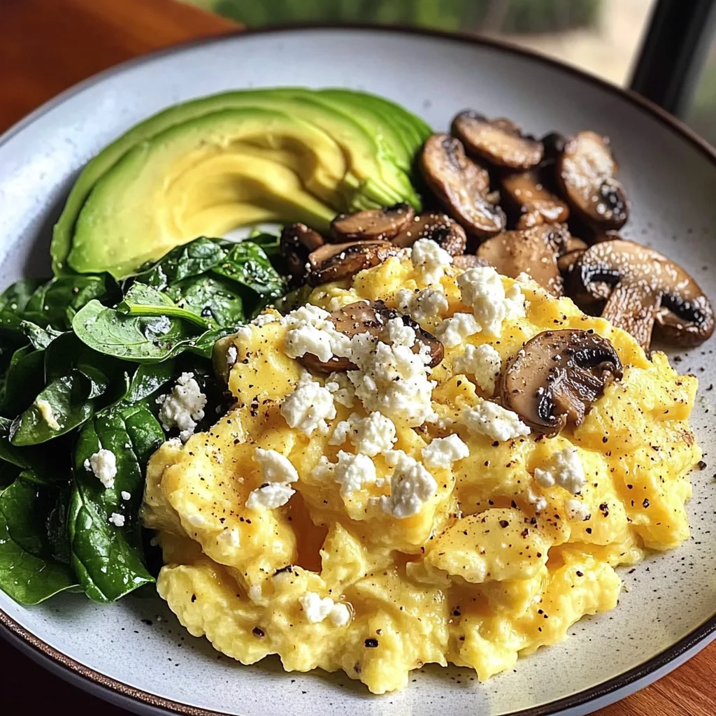 Creamy Scrambled Eggs with Sautéed Mushrooms, Spinach & Avocado
