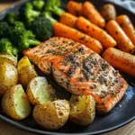 Garlic-Herb Salmon with Roasted Potatoes, Glazed Carrots & Broccoli