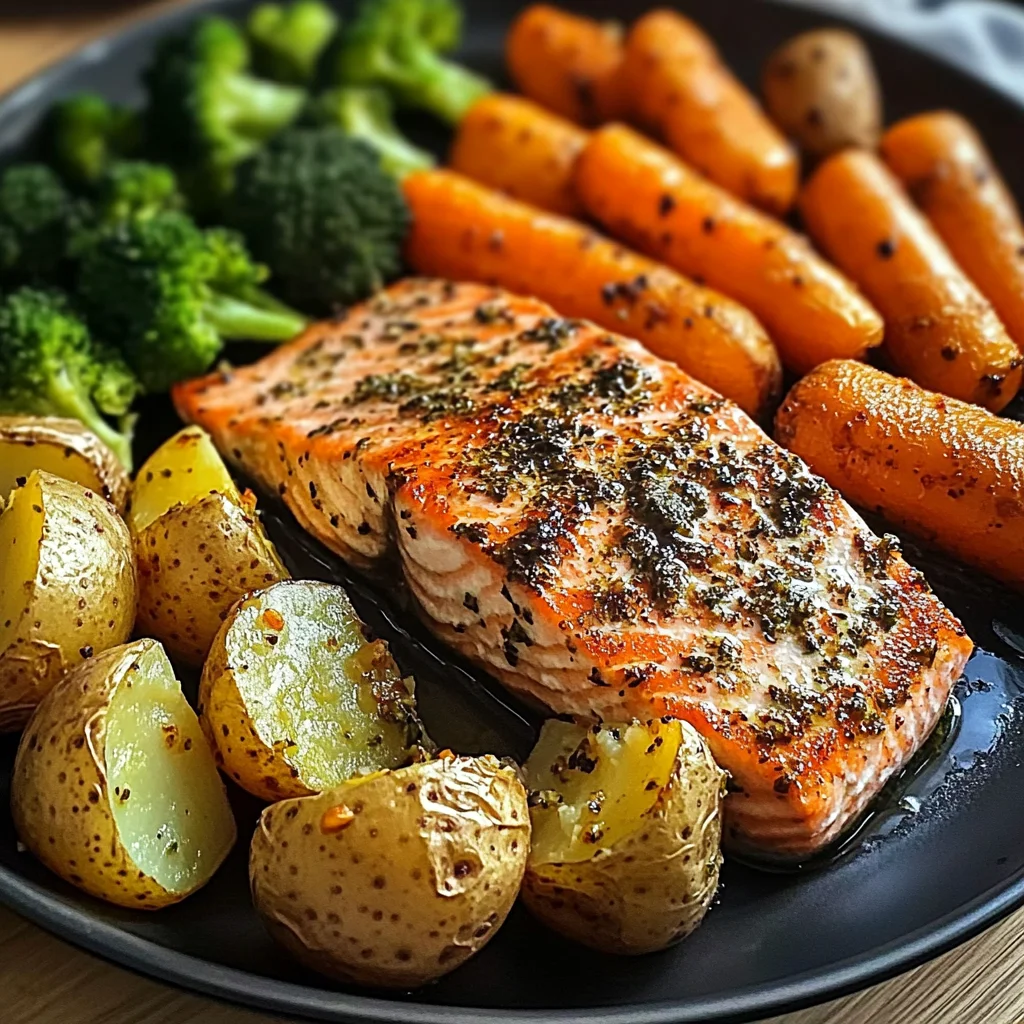 Garlic-Herb Salmon with Roasted Potatoes, Glazed Carrots & Broccoli