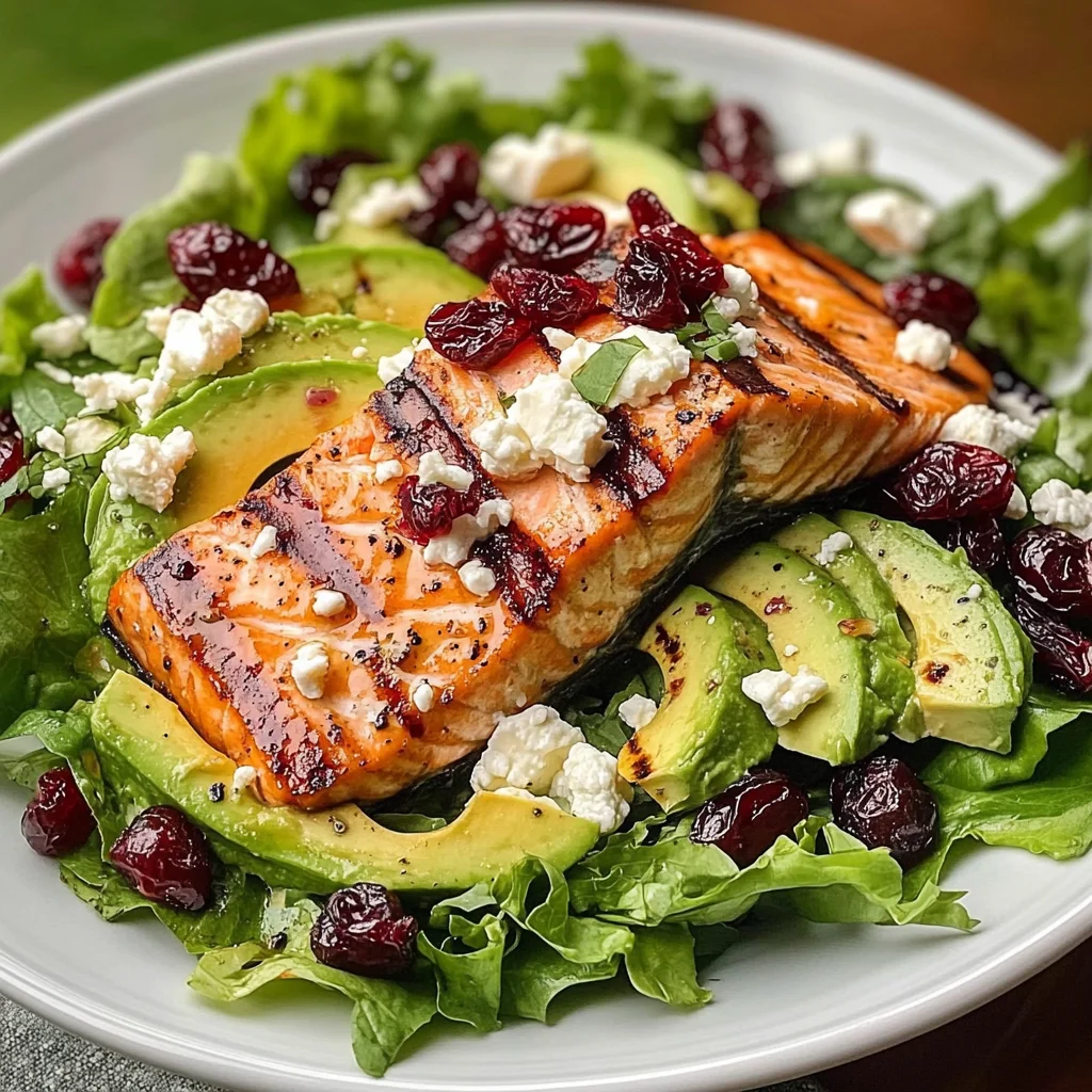 Grilled Salmon & Avocado Salad with Cranberries and Feta