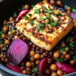 Halloumi with Lemony Lentils, Chickpeas and Beets