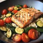 Pan-Seared Salmon on Garlic Veggie Rice Bowl
