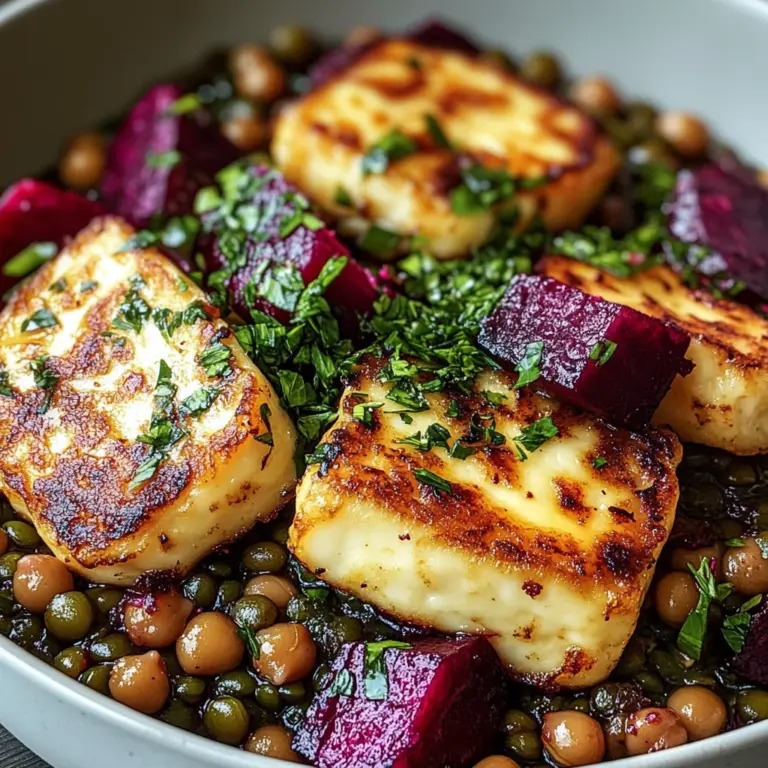 Halloumi with Lemony Lentils, Chickpeas and Beets