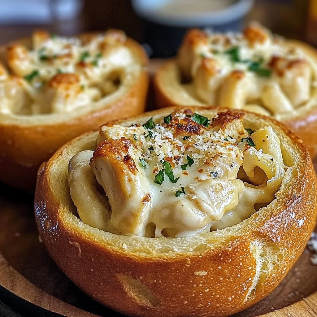 Chicken Alfredo Garlic Bread Bowls