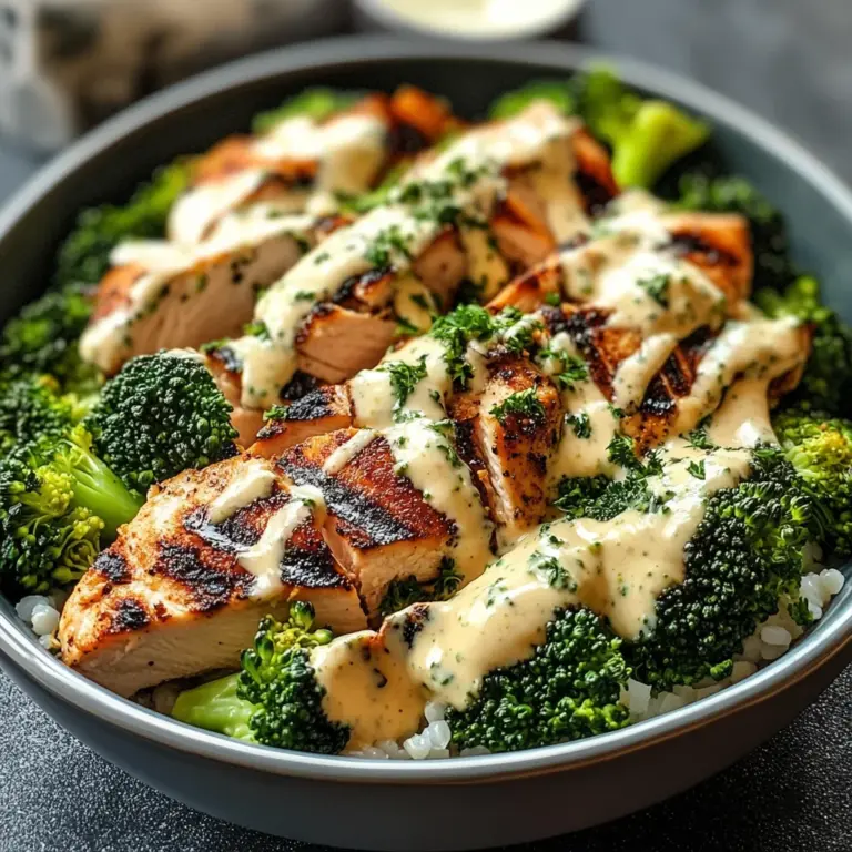 Grilled Chicken & Broccoli Bowls with Creamy Garlic Sauce