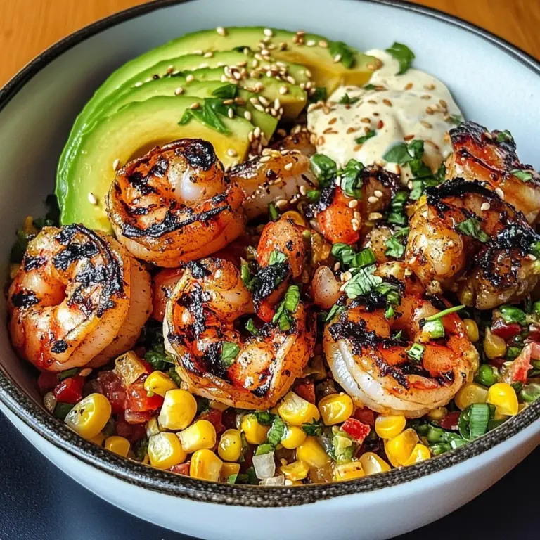 Grilled Shrimp Bowl with Avocado, Corn Salsa & Creamy Garlic Sauce