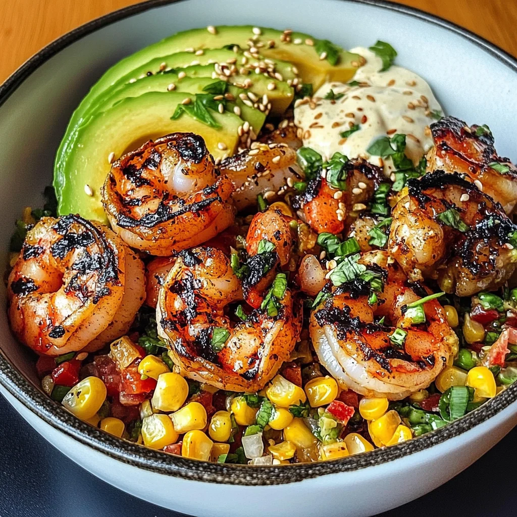 Grilled Shrimp Bowl with Avocado, Corn Salsa & Creamy Garlic Sauce