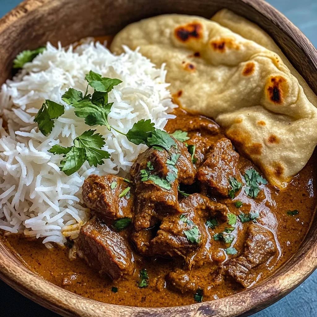 Beef Coconut Curry with Fragrant Rice and Warm Naan