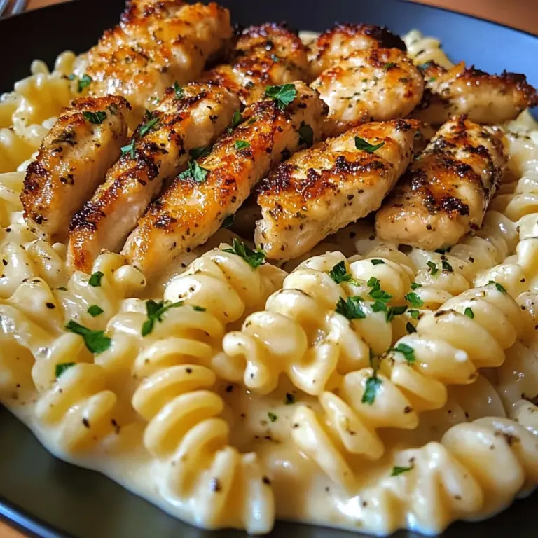 Cheesy Rotini Alfredo with Garlic Chicken Strips