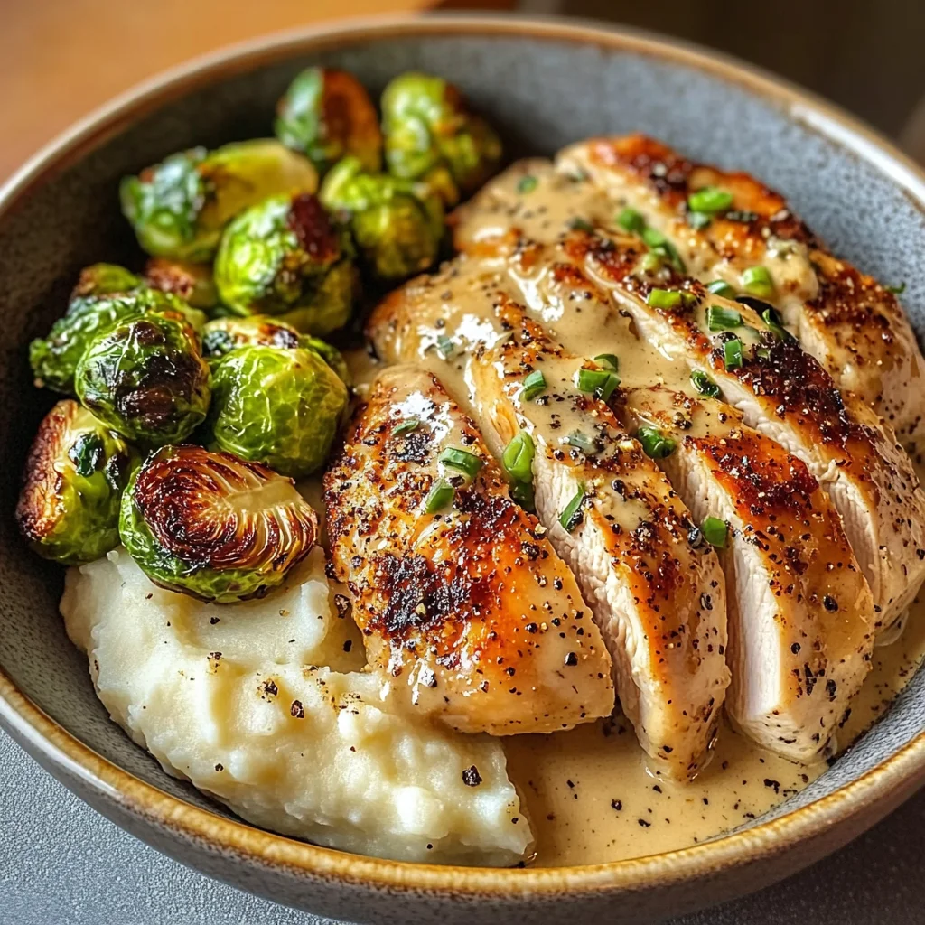 Creamy Black Pepper Chicken Bowl with Crispy Brussels & Mash