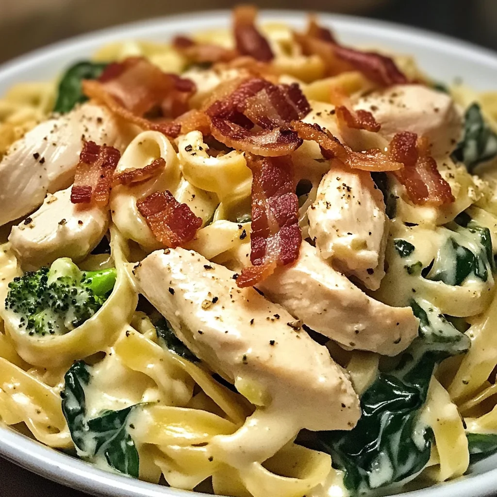 Creamy Chicken Bacon Spinach Fettuccine with Broccoli