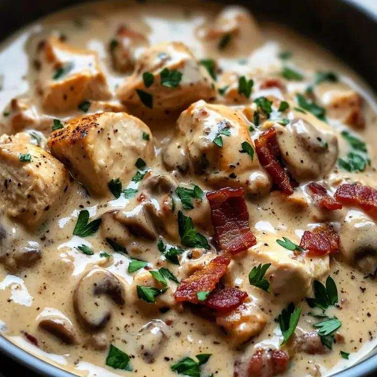 Creamy Chicken & Bacon Stroganoff with Garlic Naan, Rice & Crispy Fries