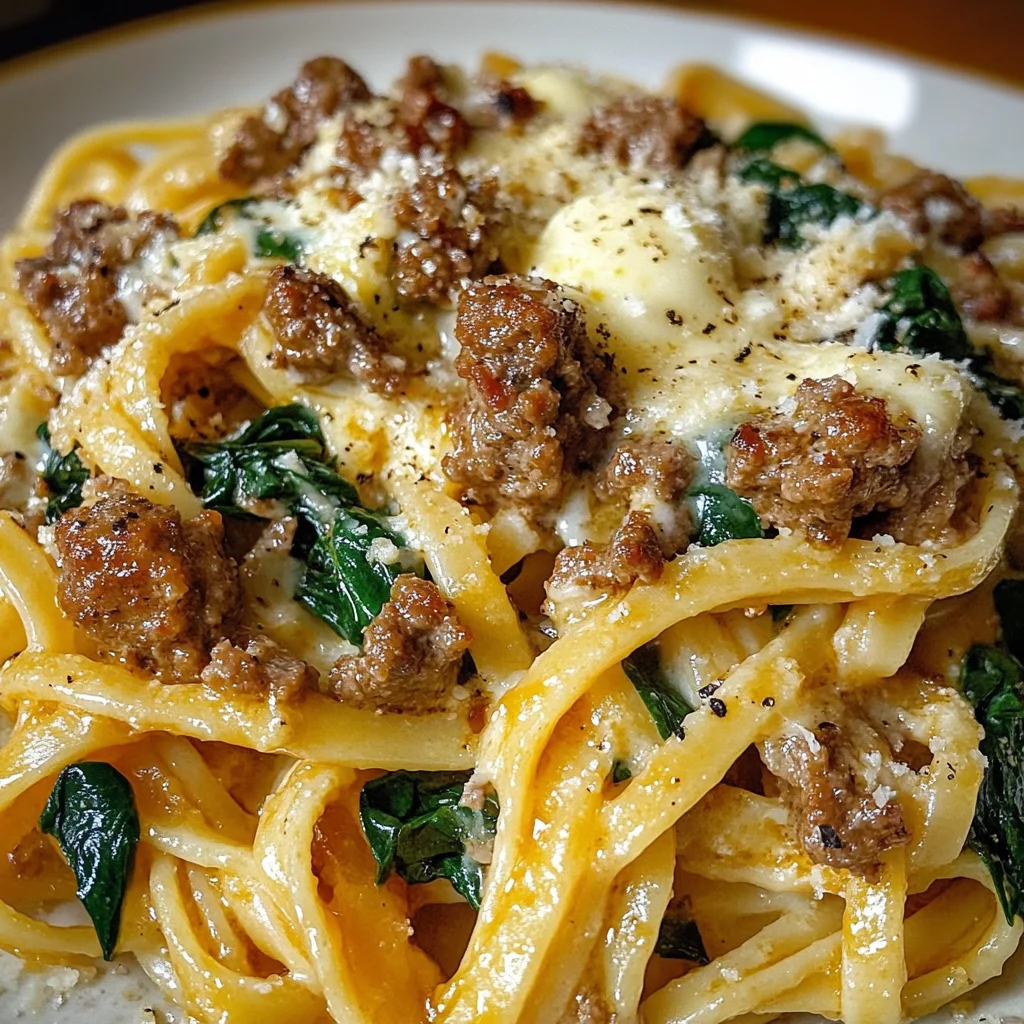 Garlic Butter Cheesy Linguine with Beef, Sausage and Spinach