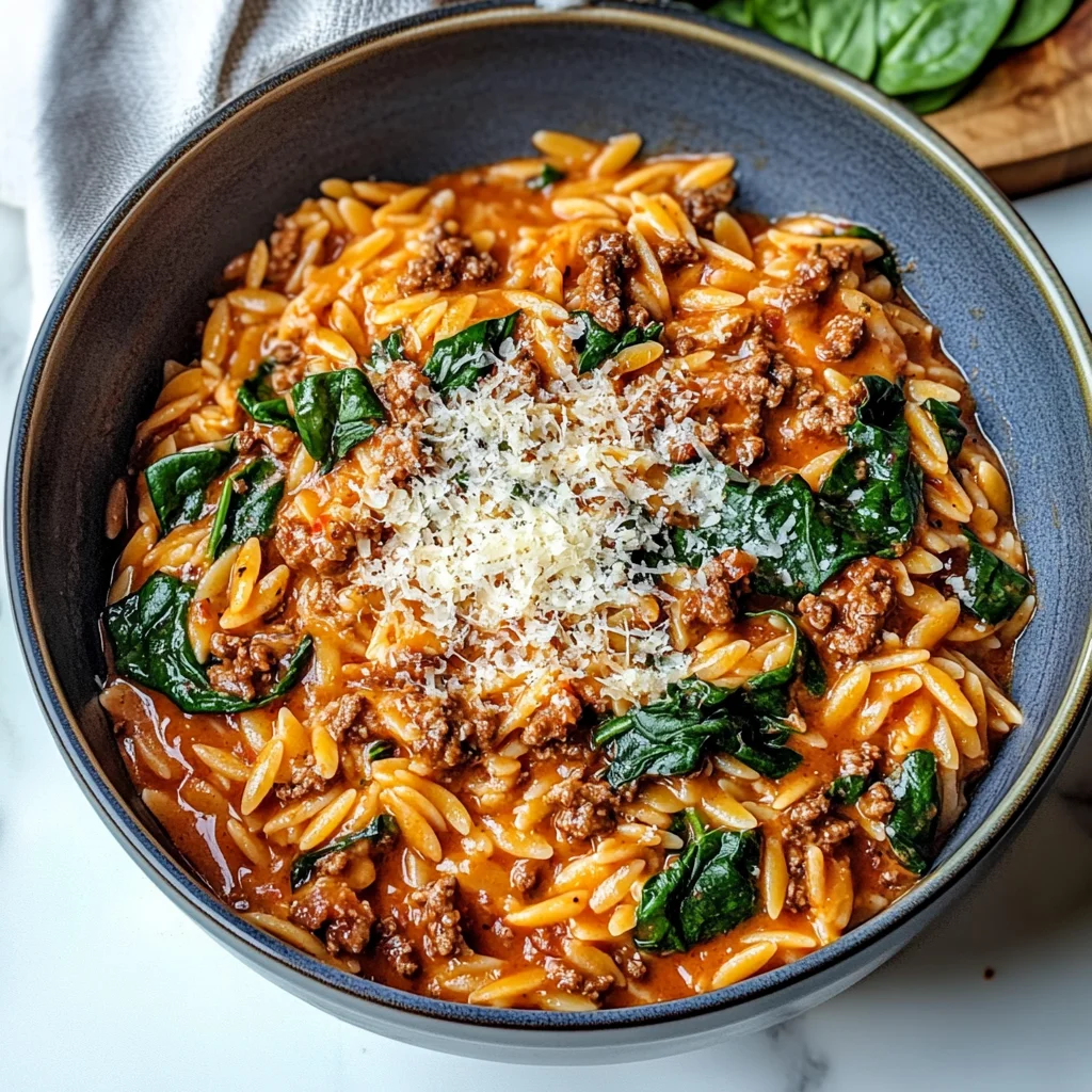 Hearty Ground Beef Orzo with Tomato Cream Sauce