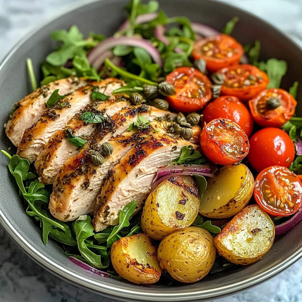 Herbed Chicken Bowl with Crispy Potatoes & Tomato Caper Salad