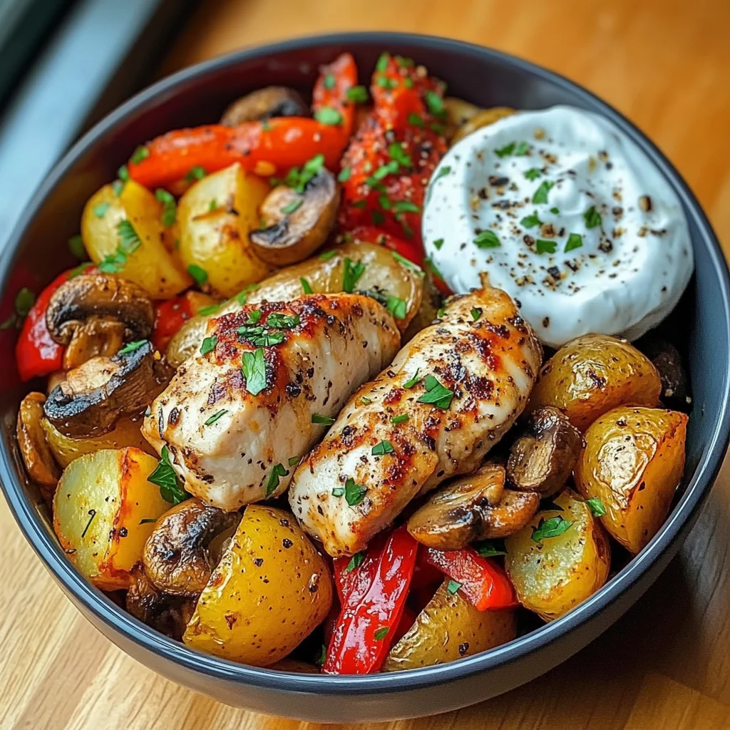 Loaded Garlic Butter Chicken with Roasted Veggies & Creamy Dip