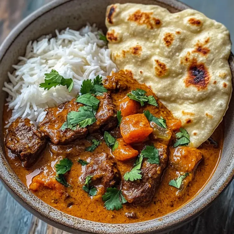 Slow-Cooked Beef in Creamy Coconut Curry with Rice and Garlic Naan