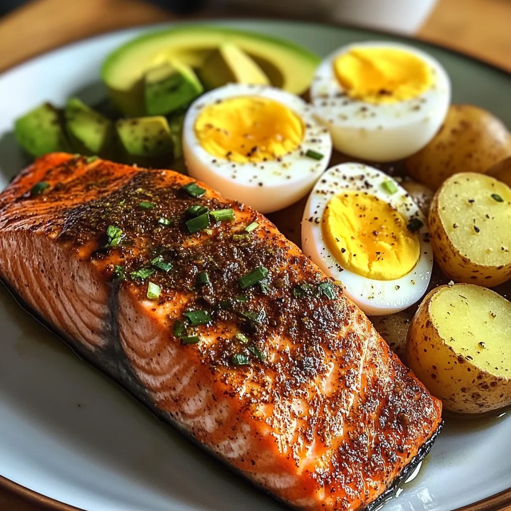 Spiced Salmon with Garlic Herb Potatoes, Avocado & Soft-Boiled Eggs