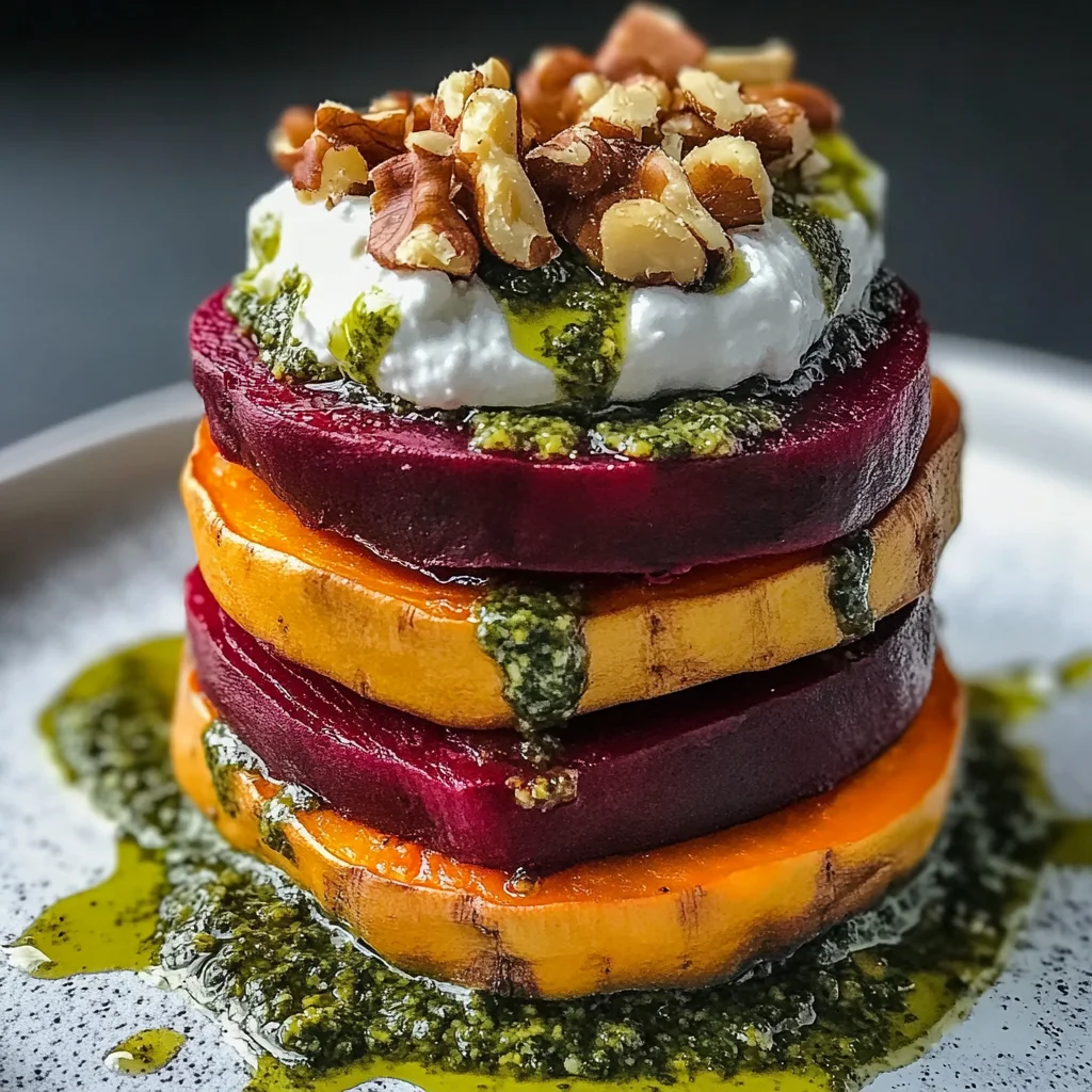 Sweet Potato & Beet Stacks with Pesto, Burrata & Walnuts Recipe
