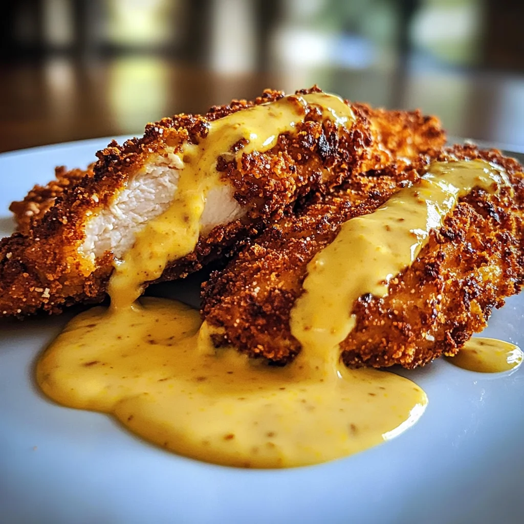 Savory Pretzel Chicken with Mustard-Cheddar Sauce Delight