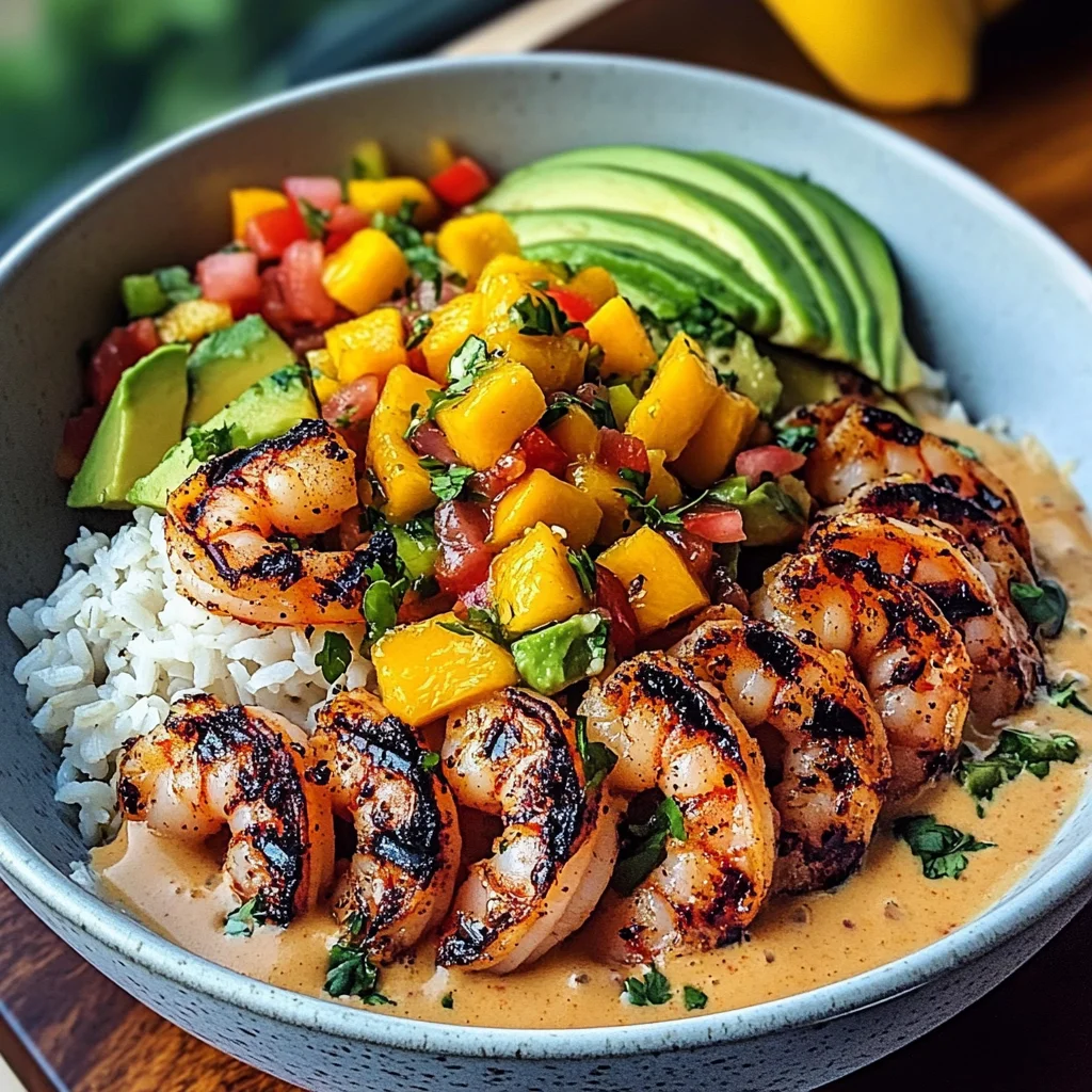 Shrimp and Avocado Bowls with Mango Salsa & Lime-Chili Sauce